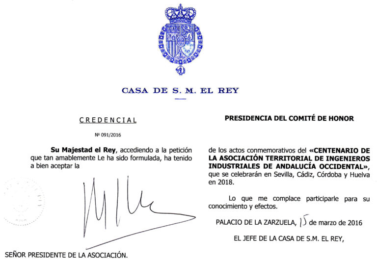 Aceptación de S.M. El REY a la Presidencia del Comité de Honor del Centenario